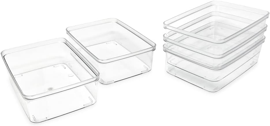 Isaac Jacobs 5-Pack Small Clear Storage Bins (5.5” L x 7.75” W x 2.5” H), Plastic Organizer for