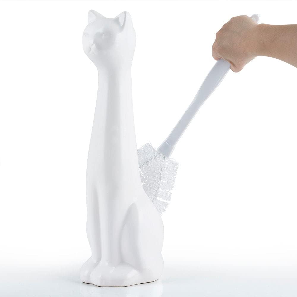 Allure Home Creation Cat 3-Piece Ceramic Toilet Brush Holder & Soap Dispenser - White Plastic Scrub