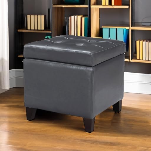 Adeco Bonded Leather Square Tufted Cubic Cube Storage Footstool, 18" Inch Ottomans & Storage