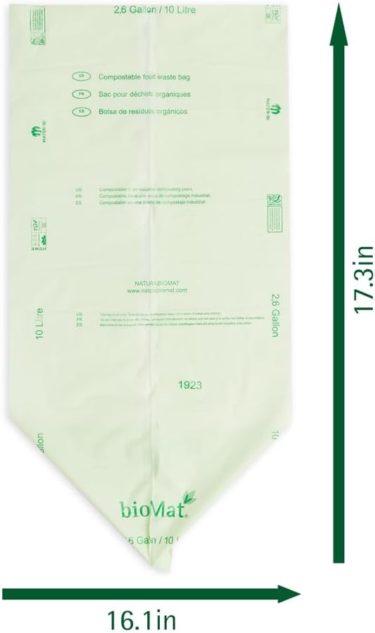 bioMat 2.6 Gallon Compostable Trash Bags, 125 Count, Compost Bags for Countertop Bins, BPI ASTM