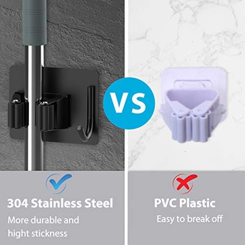 Mop Broom Holder No Drill, Mop Broom Organizer Wall Mounted Heavy Duty with Hooks Hanger, Self