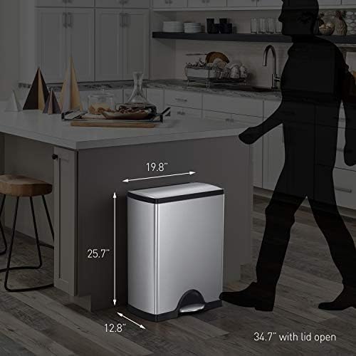 simplehuman Rectangular Dual Compartment Recycling Kitchen Step Trash Can, 46 Liter, Brushed