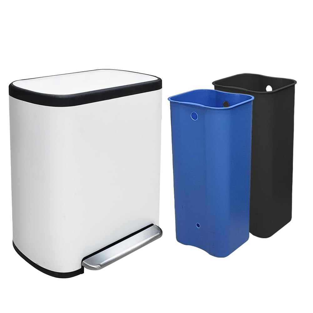 16 Gallon Dual Trash Can, Kitchen Recycling Bins with 2 x 8 Gallon Compartments, 2 Plastic