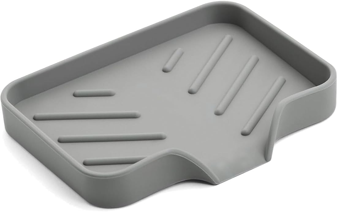 Sponge Holder with Drain Spout, Silicone Sponge Tray for Kitchen Sink, Rubber Soap Dish for Shower