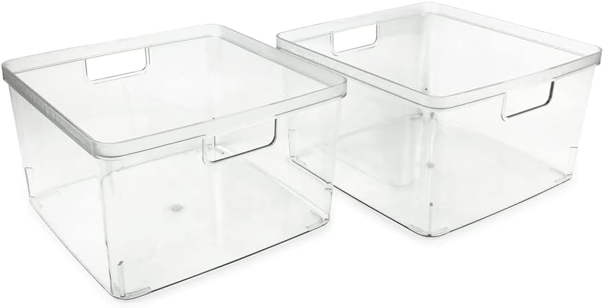 Isaac Jacobs 2-Pack Square Clear Storage Bins (10” L x 10” W x 6.1” H) w/Cutout Handles, Plastic