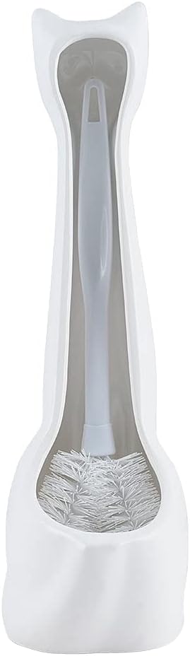Allure Home Creation Cat 3-Piece Ceramic Toilet Brush Holder & Soap Dispenser - White Plastic Scrub