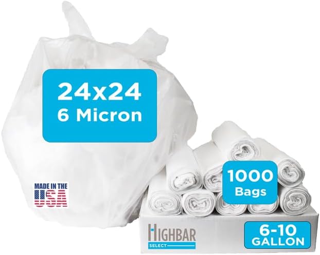 24" x 24" Clear Trash Bags, 6-10 Gallon Trash Bag, 1000 Count, 6 Micron, Value Pack, For