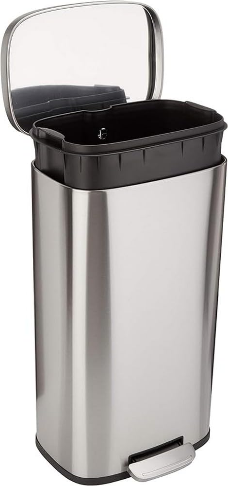 Amazon Basics Smudge Resistant Rectangular Trash Can With Soft-Close Foot Pedal, Brushed Stainless