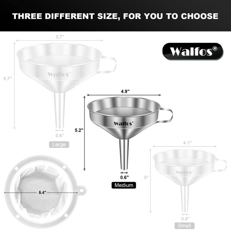 Stainless Steel Funnel, Walfos Kitchen Funnel with 2 Removable Strainer ＆ 1Pc Cleaning Brush