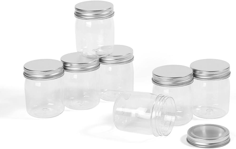 Plastic Mason Jars Reusable Storage Containers with Silver Airtight Lid 8 Ounce Clear Jars for Dry