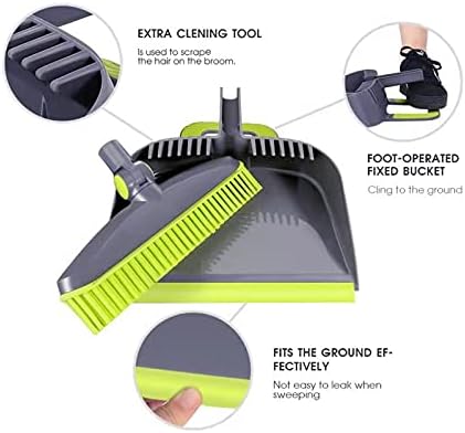 Adjustable Rubber Push Broom and Dustpan Set,Self Cleaning Indoor Outdoor Angle Brooms with Dust