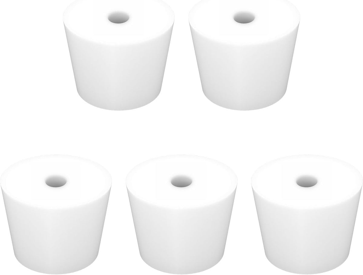 Labasics 5-Pack 9# Single-Hole Silicone Stoppers, White Tapered Lab Seal Stoppers with 0.31" Hole