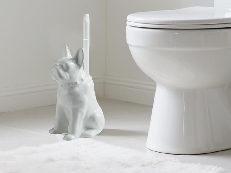 Comeon Ceramic Dog White/Black Toilet Brush and Holder Set, Plastic Handled Scrub Brush for