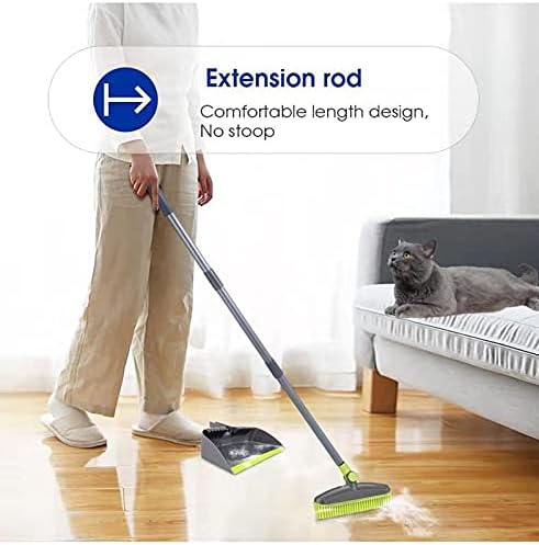 Adjustable Rubber Push Broom and Dustpan Set,Self Cleaning Indoor Outdoor Angle Brooms with Dust