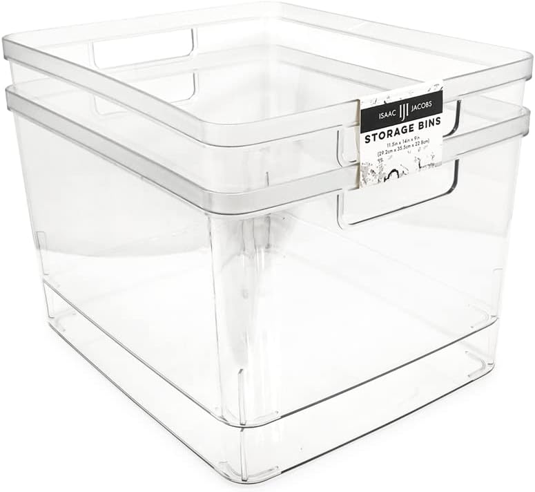 Isaac Jacobs 2-Pack Extra-Large Clear Storage Bins (11.5” L x 14” W x 9” H) w/Cutout Handles