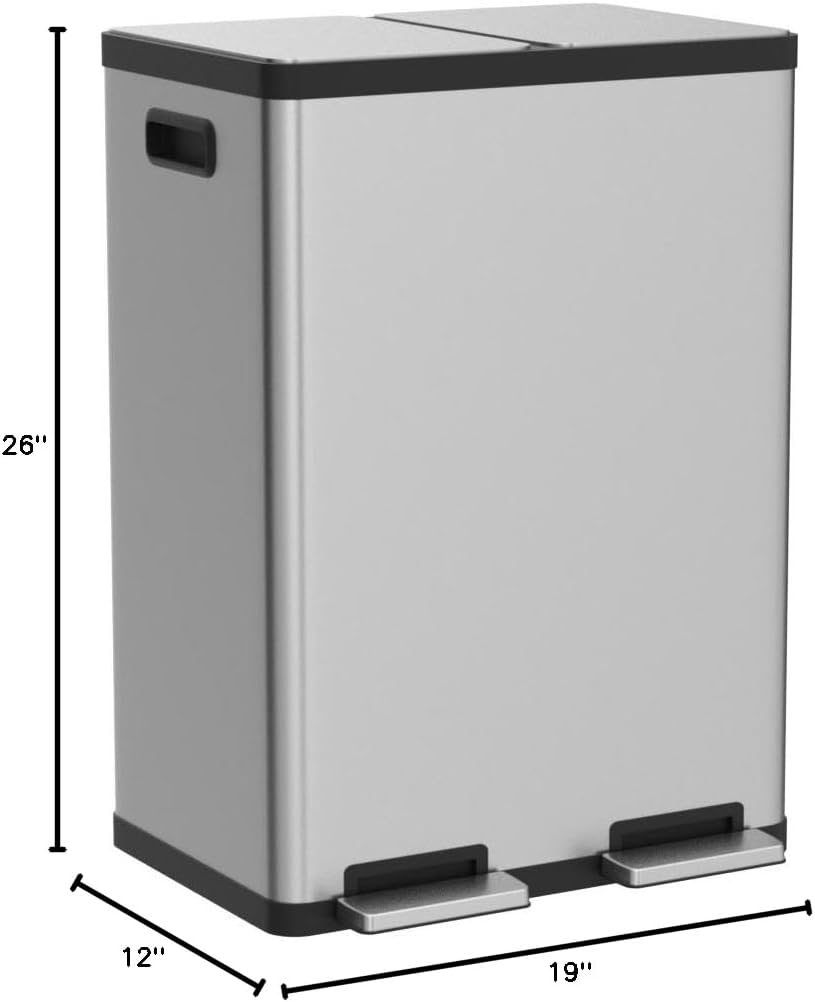 SIMPLI-MAGIC 60 Liter / 16 Gallon Rectangular Hands-Free Dual Compartment Recycling Kitchen Step