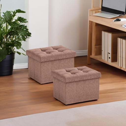 Ornavo Home Small Storage Ottoman, Set of 2, Foldable Collapsible Rectangle Linen Ottoman Foot Rest