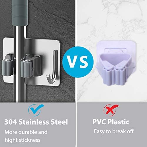 Mop Broom Holder No Drill, Mop Broom Organizer Wall Mounted Heavy Duty with Hooks Hanger, Self