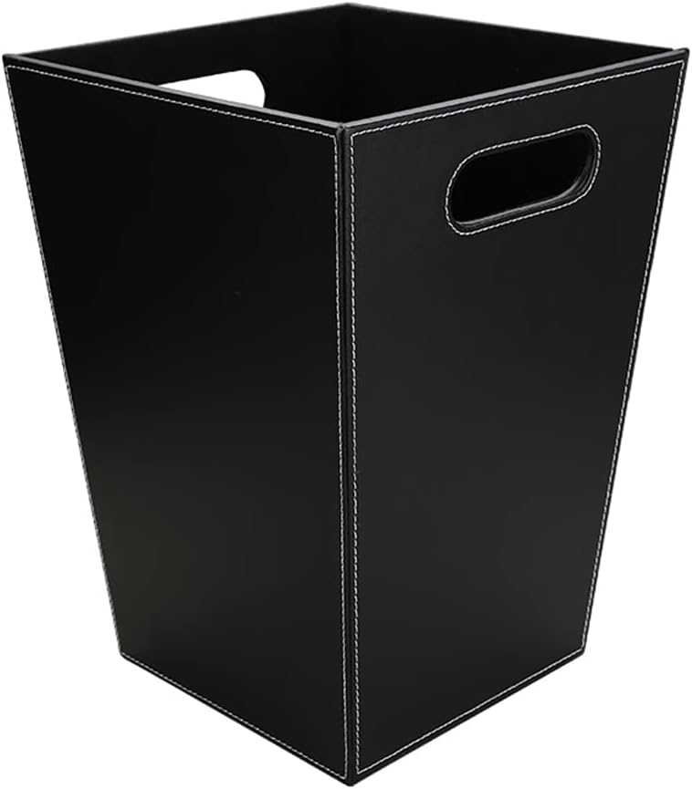 KINGFOM Classic Pu Leather Trash Can Wastebasket, Garbage Container Bin with Handles for Bathrooms