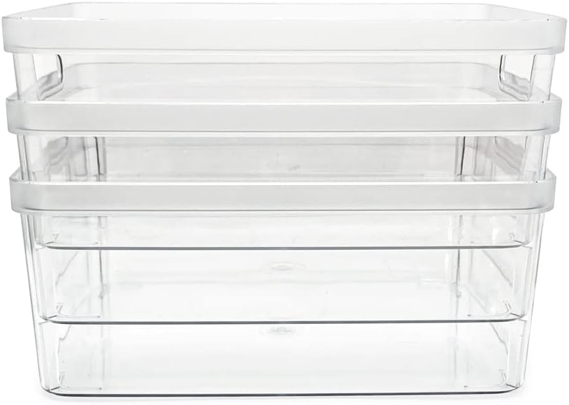 Isaac Jacobs 3-Pack Medium Clear Storage Bins (8” L x 10” W x 4.25” H) w/Cutout Handles, Plastic