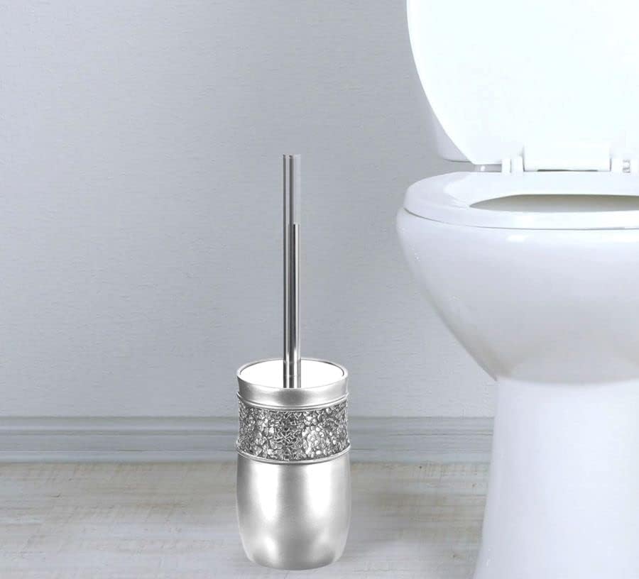 Crackled Glass Toilet Brush with Holder - Silver Toilet Bowl Cleaner Brush and Holder - Good Grip