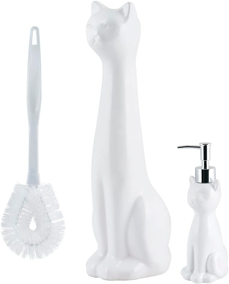 Allure Home Creation Cat 3-Piece Ceramic Toilet Brush Holder & Soap Dispenser - White Plastic Scrub