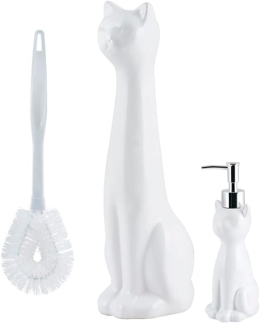 Allure Home Creation Cat 3-Piece Ceramic Toilet Brush Holder & Soap Dispenser - White Plastic Scrub
