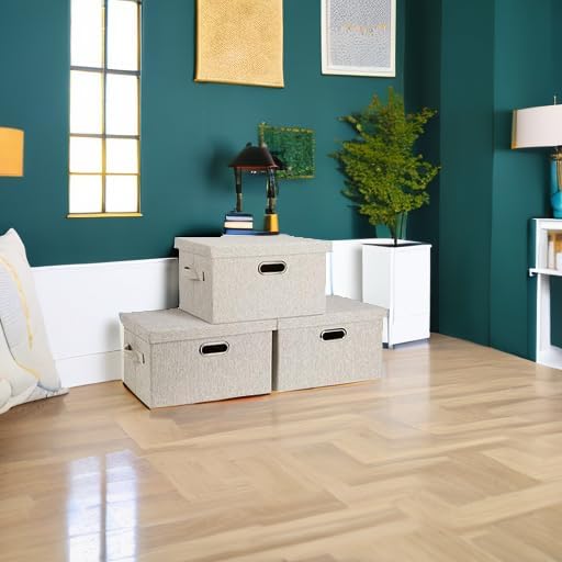 Medium 15" 21 Quart Collapsible Stackable Storage Bins with Lids, 3 Packs Beige Foldable Fabric