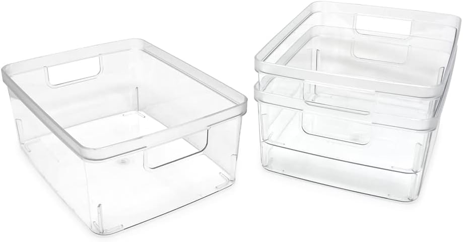 Isaac Jacobs 3-Pack Medium Clear Storage Bins (8” L x 10” W x 4.25” H) w/Cutout Handles, Plastic