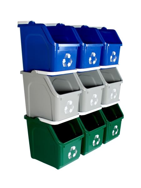 Multi Bin Recycling System with Nine Stackable 6 Gallon Recycle Bins to Build Your Recycling Center