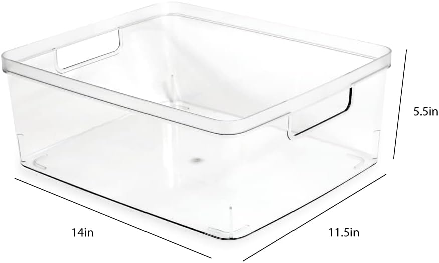 Isaac Jacobs 2-Pack Large Clear Storage Bins (11.5” L x 14” W x 5.5” H) w/Cutout Handles, Plastic