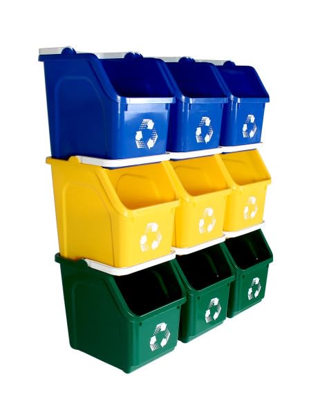 Multi Bin Recycling System with Nine Stackable 6 Gallon Recycle Bins to Build Your Recycling Center
