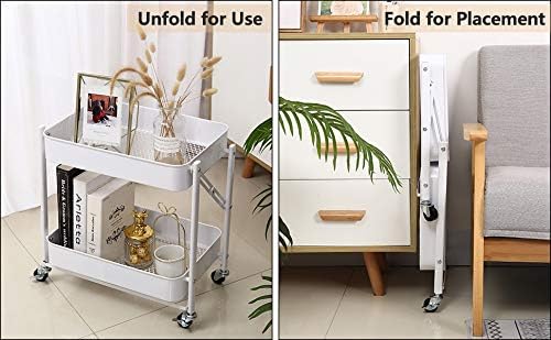 Melody House 2-Tier Metal Folding Rolling Cart, Mobile Utility Cart Trolley Storage Organizer for