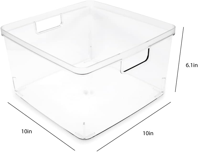 Isaac Jacobs 2-Pack Square Clear Storage Bins (10” L x 10” W x 6.1” H) w/Cutout Handles, Plastic