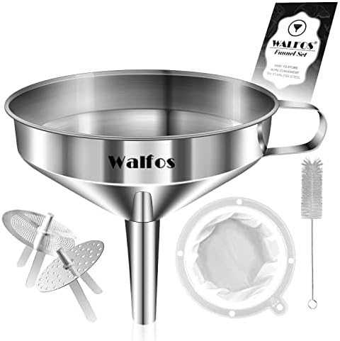 Stainless Steel Funnel, Walfos Kitchen Funnel with 2 Removable Strainer ＆ 1Pc Cleaning Brush