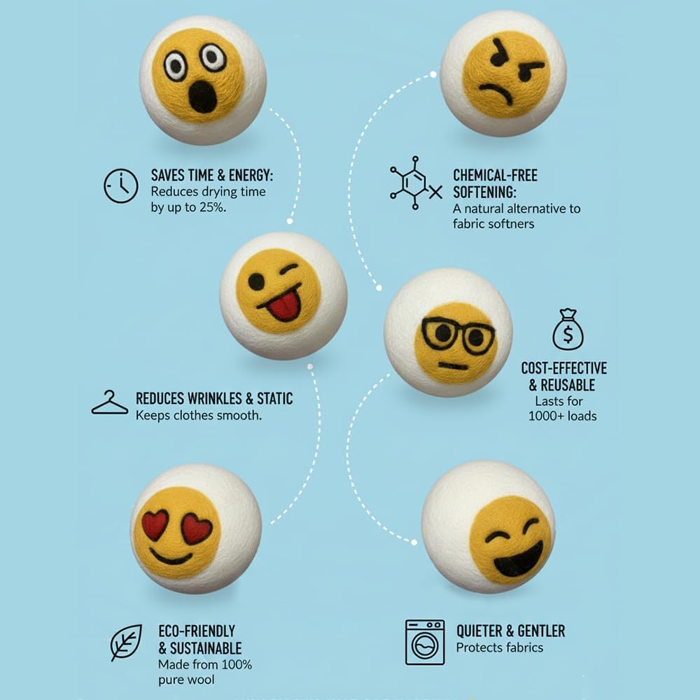 Ezhippie Quality Wool Dryer Balls - 6 XL Emoji Pack - 1000+ Loads - Pure Organic Wool - Reusable