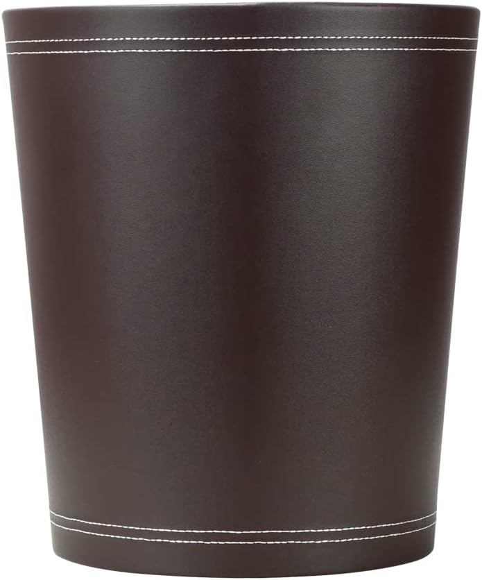 KINGFOM Classic Pu Leather Trash Can Wastebasket, Garbage Container Can for Bathrooms, Powder
