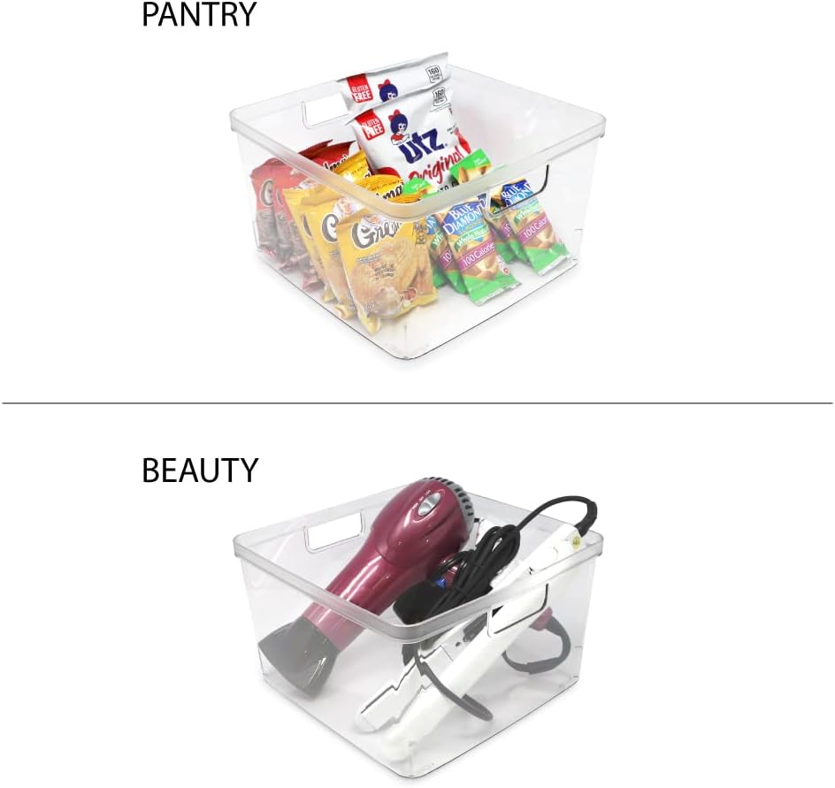 Isaac Jacobs 2-Pack Square Clear Storage Bins (10” L x 10” W x 6.1” H) w/Cutout Handles, Plastic