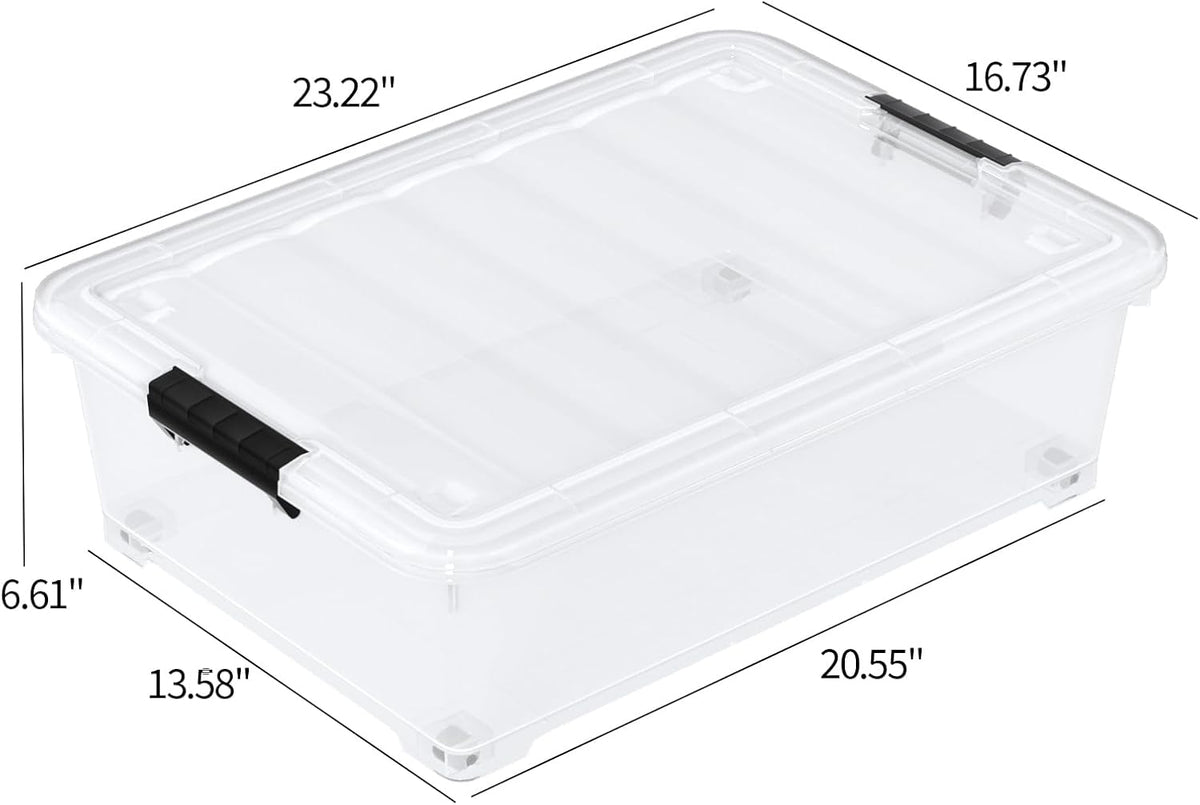 25 Quart Clear Under Bed Storage Container with Wheels, 4 Packs Stackable Plastic Underbed Bin with