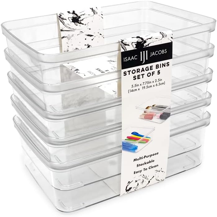 Isaac Jacobs 5-Pack Small Clear Storage Bins (5.5” L x 7.75” W x 2.5” H), Plastic Organizer for