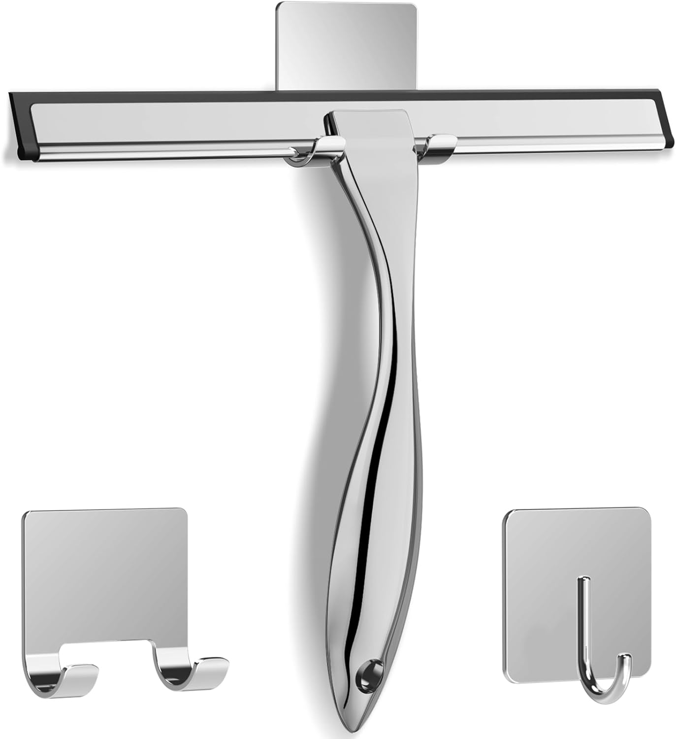 All-Purpose Stainless Steel Shower Squeegee for Shower Glass Door with 2 Adhesive Hooks, Bathroom