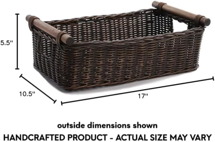 The Basket Lady Low Pole Handle Wicker Storage Basket, Medium, 17 in L x 10.5 in W x 5.5 in H