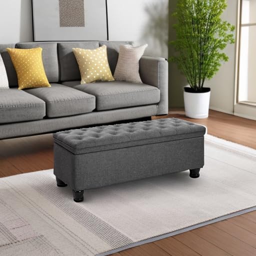 SONGMICS Storage Ottoman, Storage Bench, Tufted Entryway Bedroom Bench, 17.7 x 46.5 x 17.7 Inches