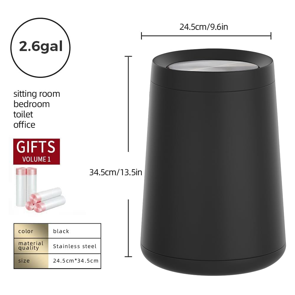 10 L/2.6 Gallon,Matte Black Bathroom Trash Can,Metal Garbage Can with Flipping Lid,for Bathroom