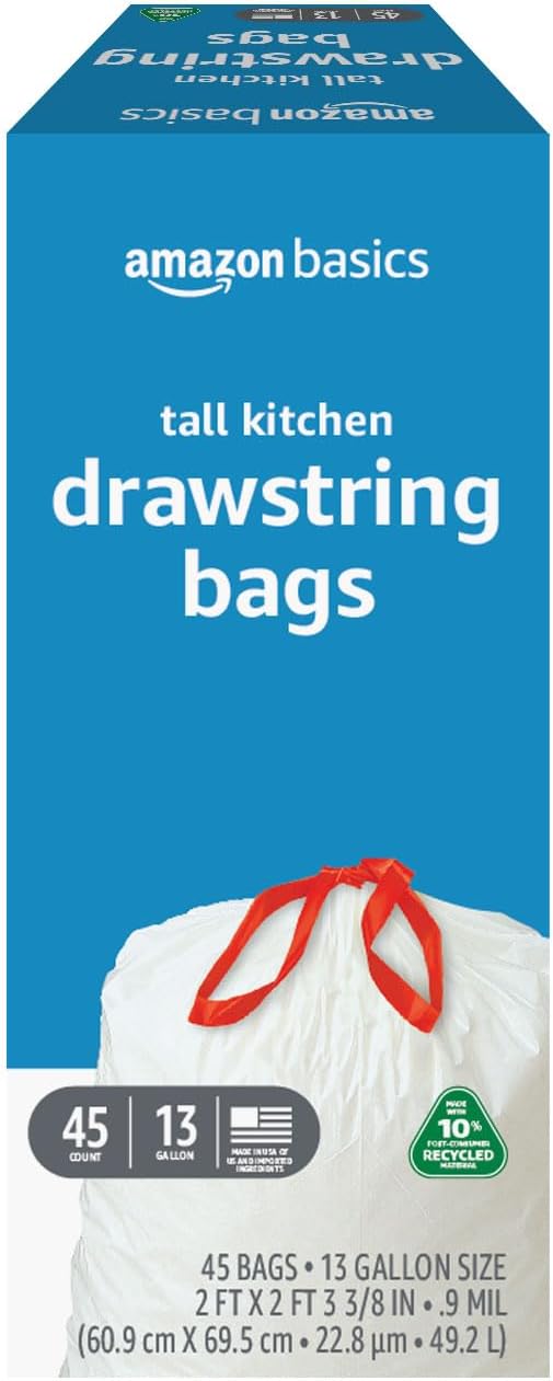 Amazon Basics 13 Gallon Tall Kitchen Drawstring Trash Bags, Unscented, 10% Post Consumer Recycled