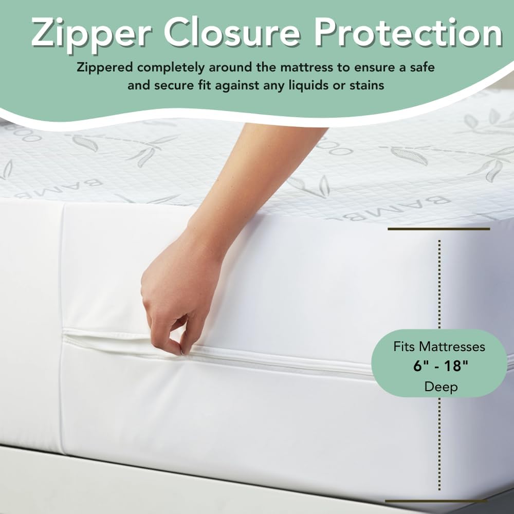 Bamboo Rayon Mattress Protector with Zipper + 2 Pillow Protectors - 100% Waterproof Cooling Cal