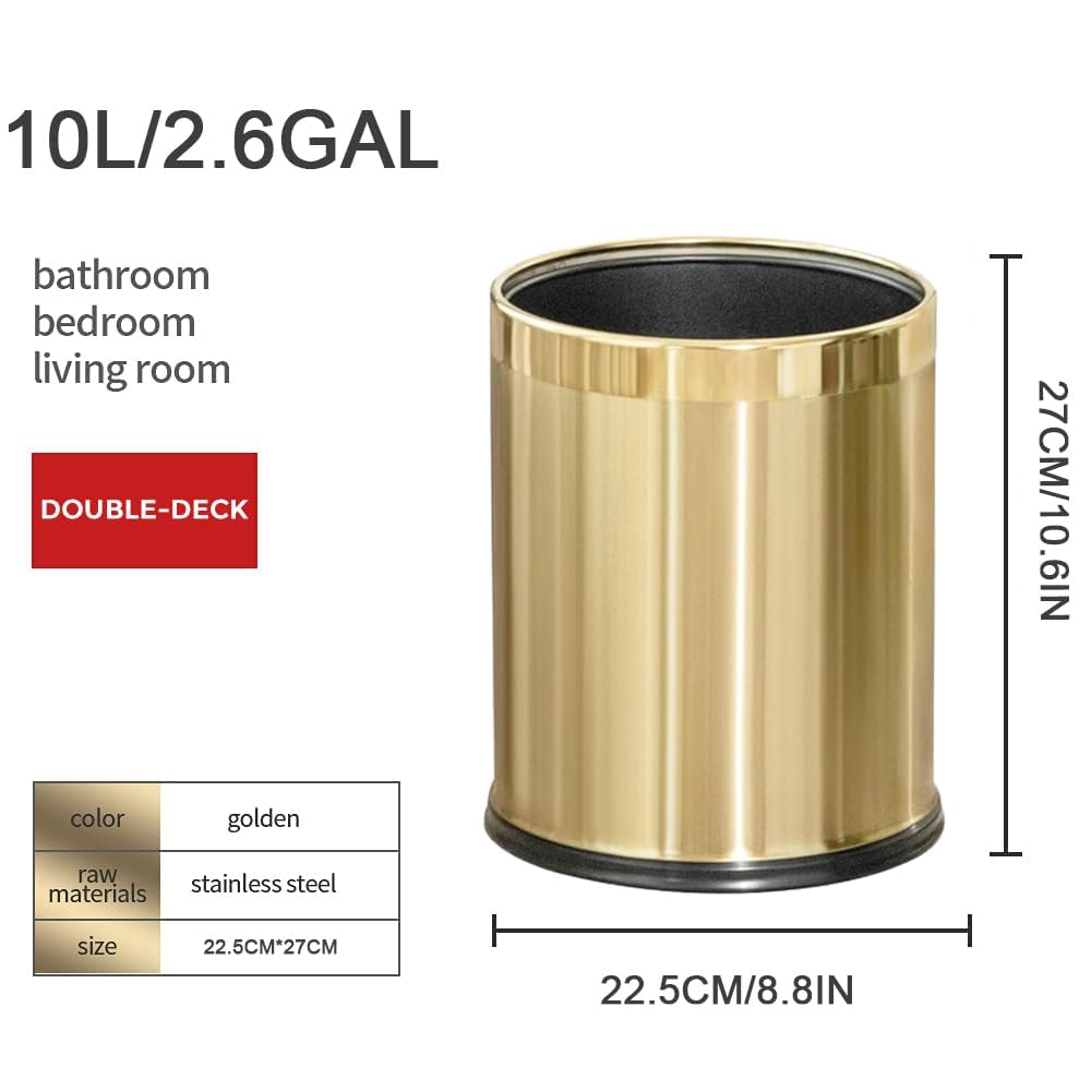 2.6Gallon/10L Brass Gold Bathroom Trash Can - Gold Waste Basket for Bedroom, Office, Store - Metal