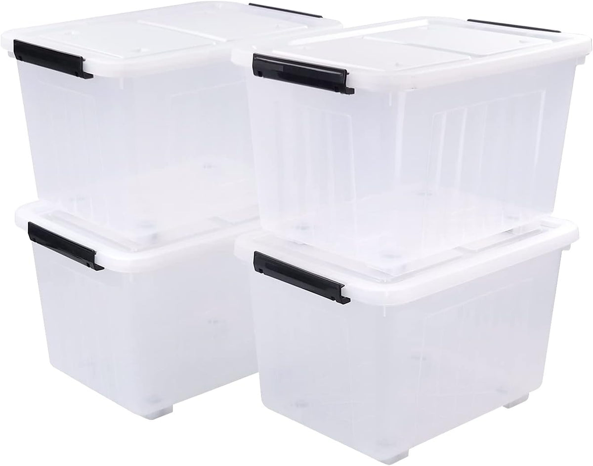 4 Packs 30 L Stackable Plastic Storage Bins with Lids and Wheels, Latching Clear Storage Container