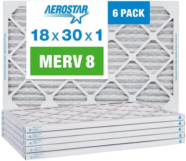 Aerostar 18x30x1 MERV 8 Pleated Air Filter, AC Furnace Air Filter, 6 Pack (Actual Size: 17 1/2" x