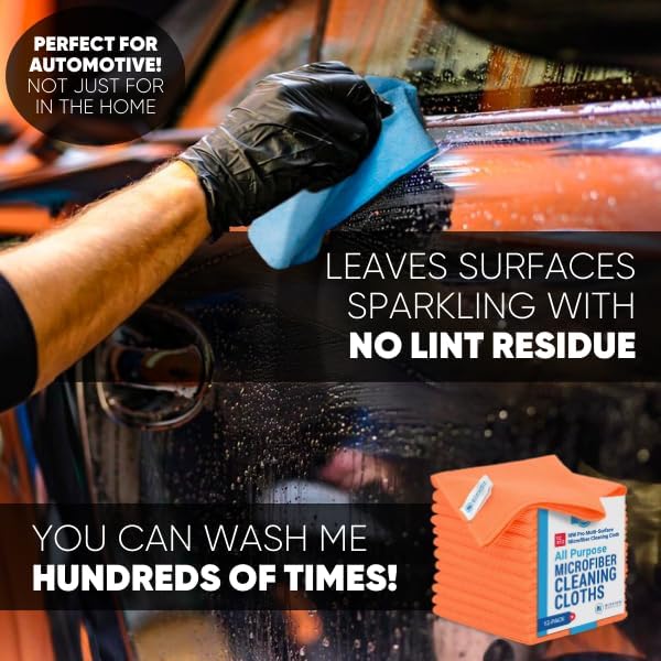12" x 12" MW Pro Multi-Surface Microfiber Cleaning Cloths | Orange - 12 Pack | Premium Microfiber